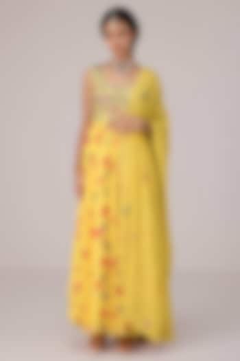 Bright Yellow Flat Chiffon Printed & Embroidered Wedding Anarkali Set by Shyam Narayan Prasad at Pernia's Pop Up Shop