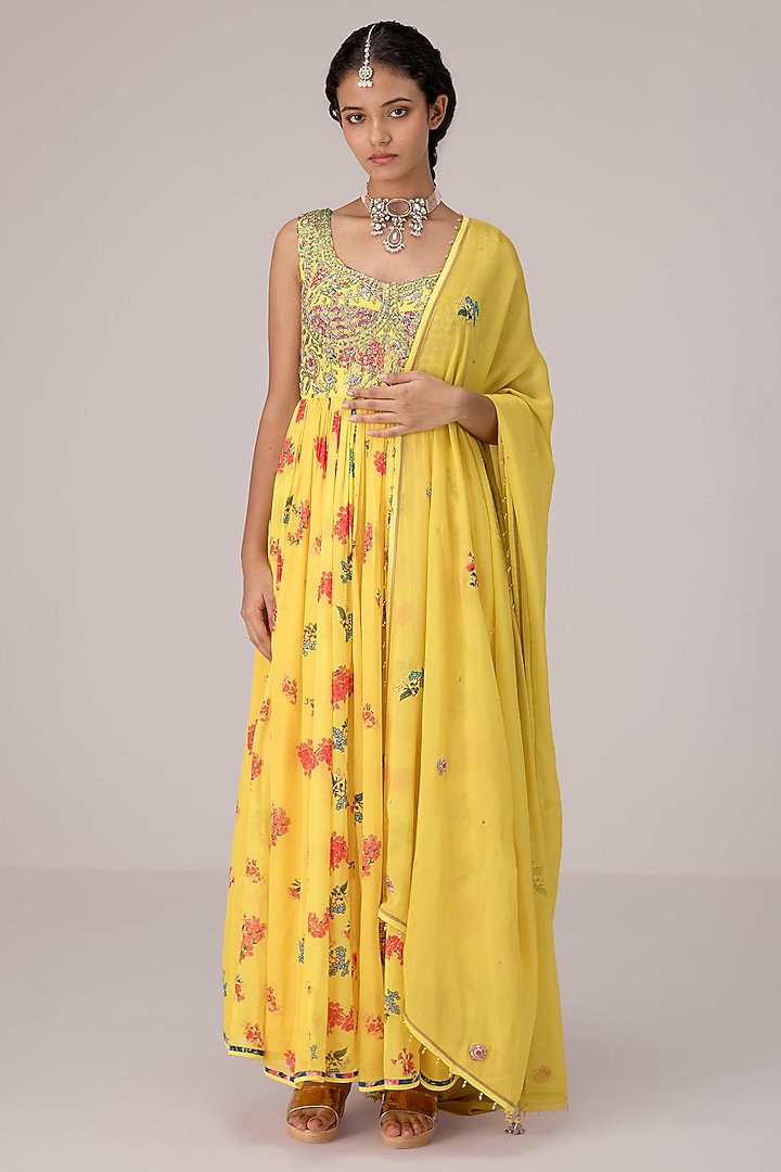 Bright Yellow Flat Chiffon Printed & Embroidered Wedding Anarkali Set by Shyam Narayan Prasad at Pernia's Pop Up Shop