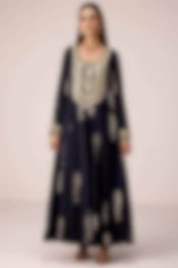 Carbon Black Modal Satin Printed & Embroidered Kurta Set by Shyam Narayan Prasad at Pernia's Pop Up Shop