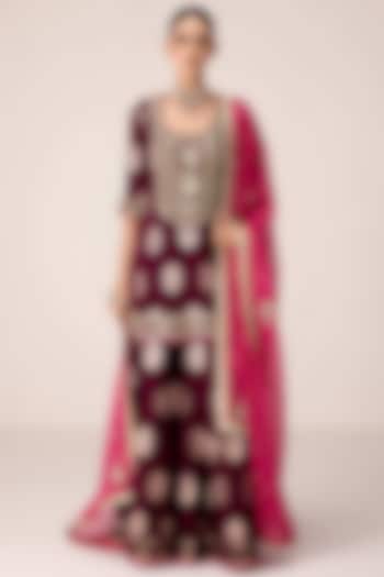 Purple Wine Brocade Georgette Zardosi Embroidered Party Wear Sharara Set by Shyam Narayan Prasad at Pernia's Pop Up Shop