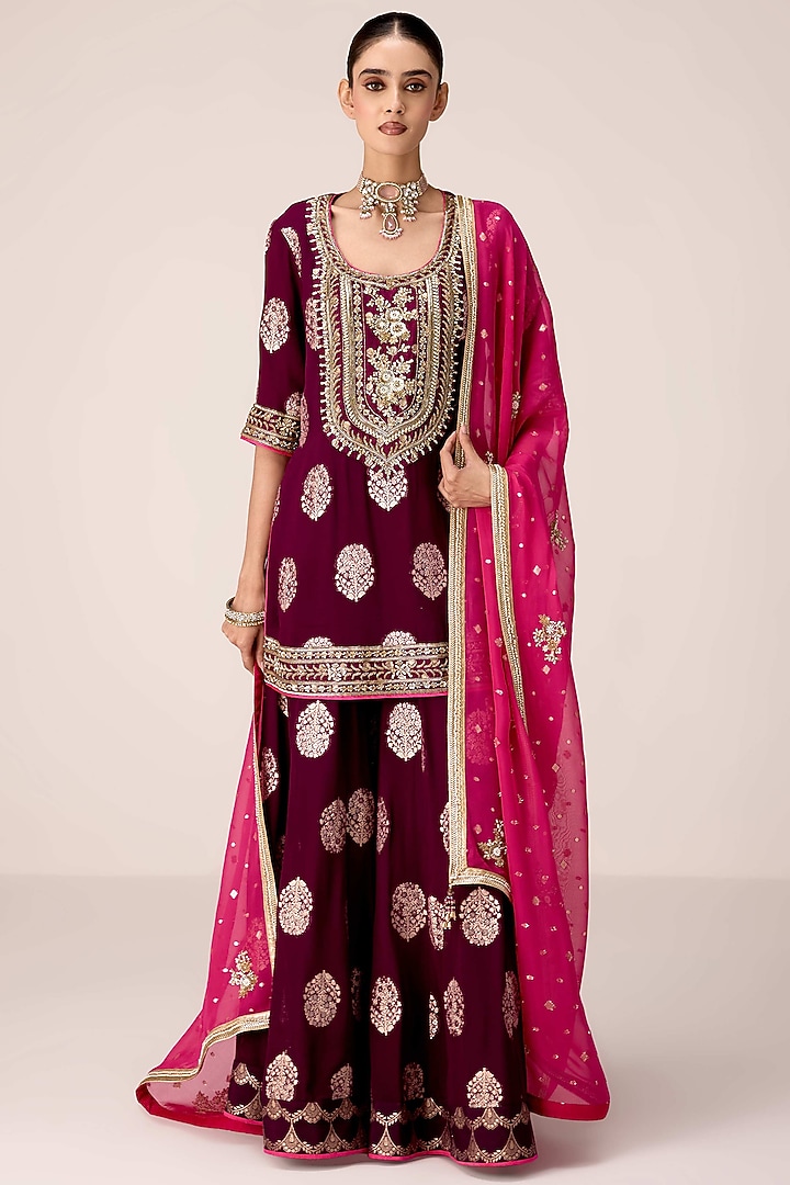 Purple Wine Brocade Georgette Zardosi Embroidered Party Wear Sharara Set by Shyam Narayan Prasad at Pernia's Pop Up Shop