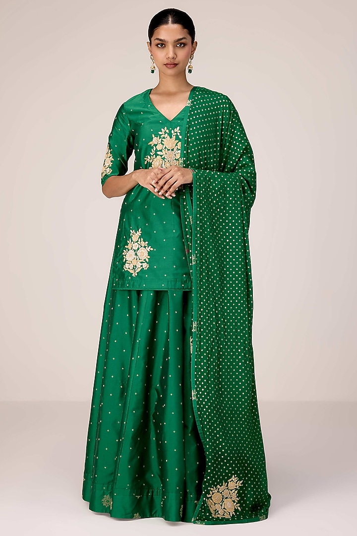 Emerald Green Silk Blend Brocade Skirt Set by Shyam Narayan Prasad at Pernia's Pop Up Shop