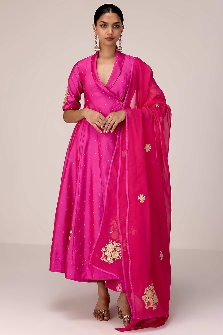 Pink Silk Blend Brocade Patch Embroidered Angrakha Kurta Set by Shyam Narayan Prasad at Pernia's Pop Up Shop