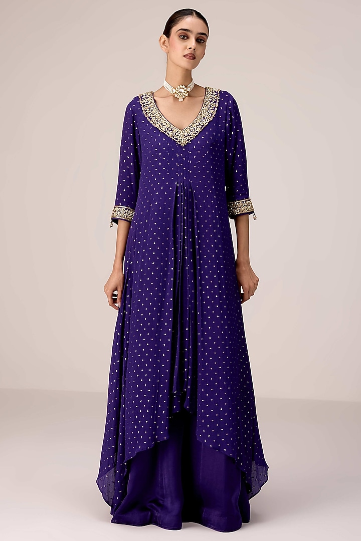 Purple Chinon Brocade Zardosi Embroidered Draped Kurta Set by Shyam Narayan Prasad at Pernia's Pop Up Shop