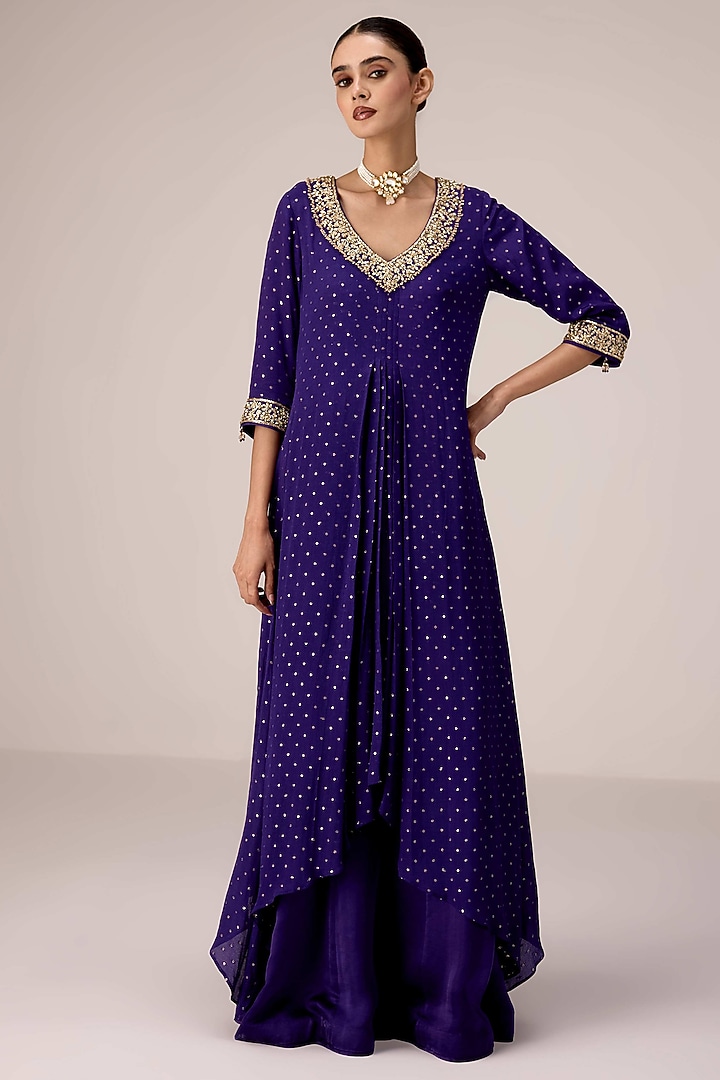 Purple Chinon Brocade Zardosi Embroidered Draped Kurta Set by Shyam Narayan Prasad at Pernia's Pop Up Shop