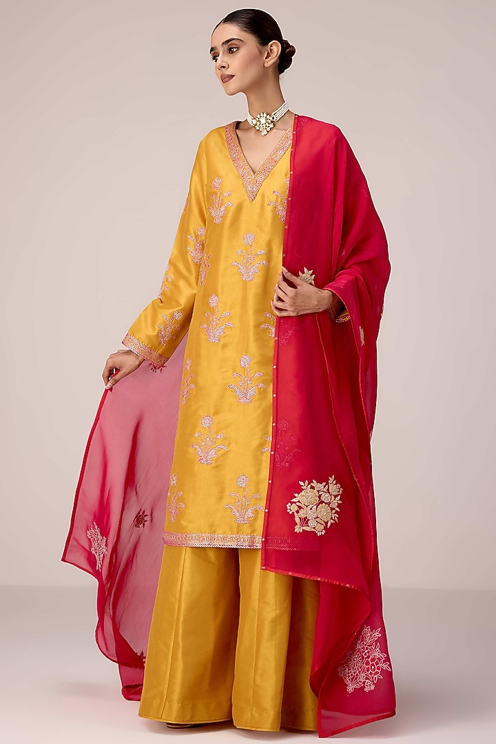 Mustard Dola Silk Patch Embroidered Kurta Set by Shyam Narayan Prasad at Pernia's Pop Up Shop
