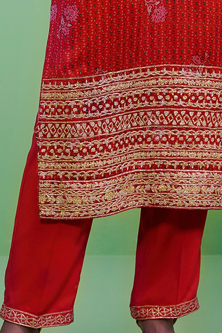 Tomato Red Gota Embroidered Kurta Set by Shyam Narayan Prasad at Pernia's Pop Up Shop
