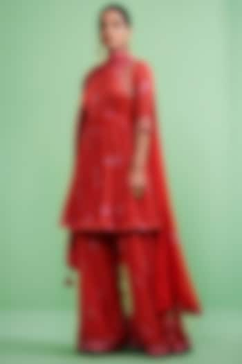 Fiery Red Cotton Satin Embroidered Sharara Set by Shyam Narayan Prasad at Pernia's Pop Up Shop