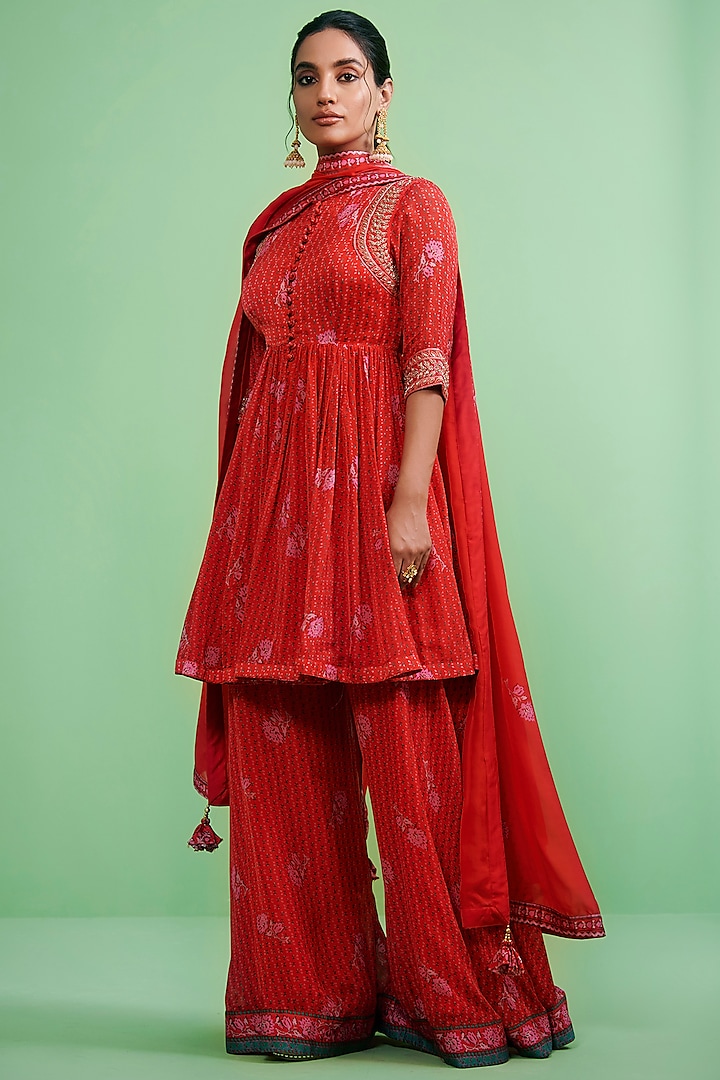 Fiery Red Cotton Satin Embroidered Sharara Set by Shyam Narayan Prasad at Pernia's Pop Up Shop