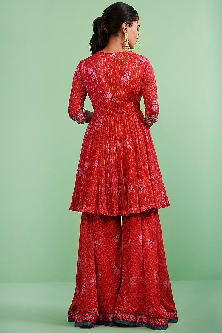 Fiery Red Cotton Satin Embroidered Wedding Sharara Set by Shyam Narayan Prasad at Pernia's Pop Up Shop