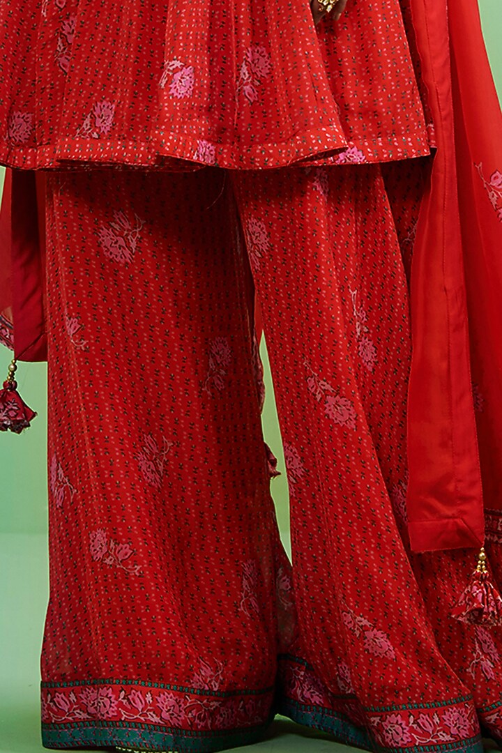 Fiery Red Cotton Satin Embroidered Wedding Sharara Set by Shyam Narayan Prasad at Pernia's Pop Up Shop