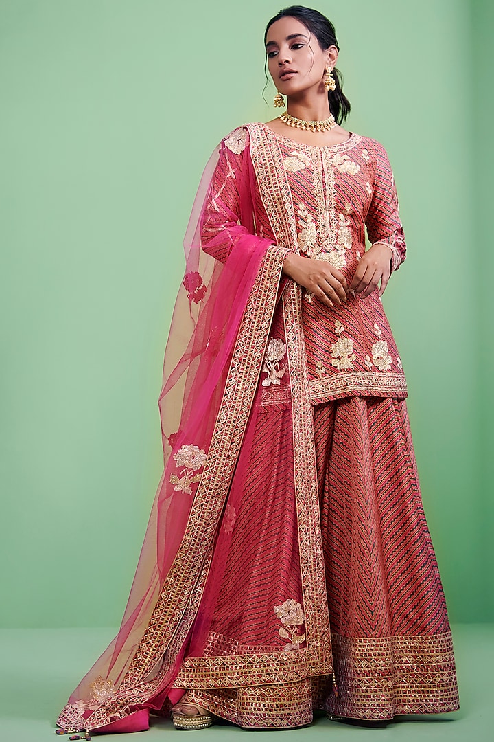 Geranium Pink Gota Embroidered Sharara Set by Shyam Narayan Prasad