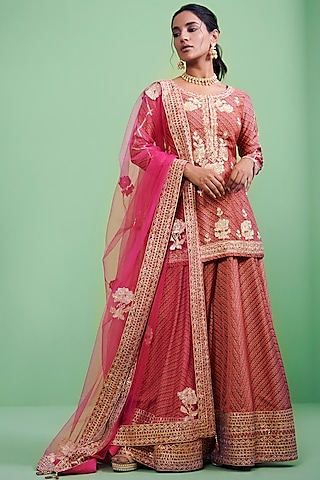 Geranium Pink Gota Embroidered Sharara Set by Shyam Narayan Prasad