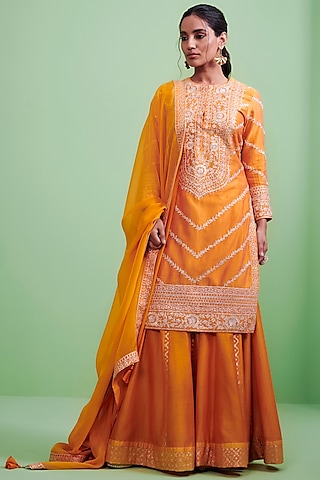 Mango Orange Gota Embroidered Sharara Set by Shyam Narayan Prasad