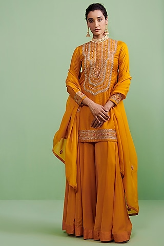 Mustard Viscose Chinon Sharara Set by Shyam Narayan Prasad