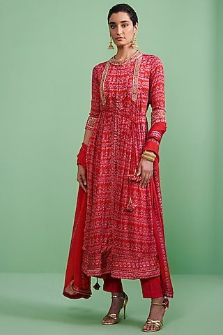 Cherry Red Embroidered Kurta Set by Shyam Narayan Prasad