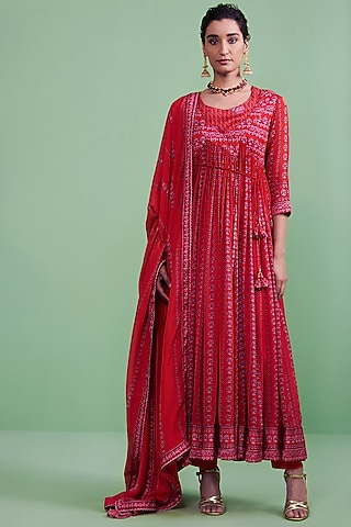Cherry Red Printed Angrakha Kurta Set by Shyam Narayan Prasad
