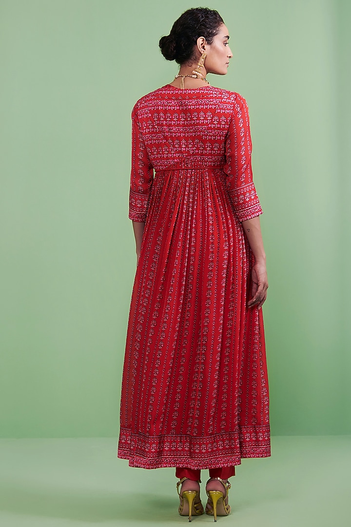 Cherry Red Printed Angrakha Kurta Set by Shyam Narayan Prasad at Pernia's Pop Up Shop