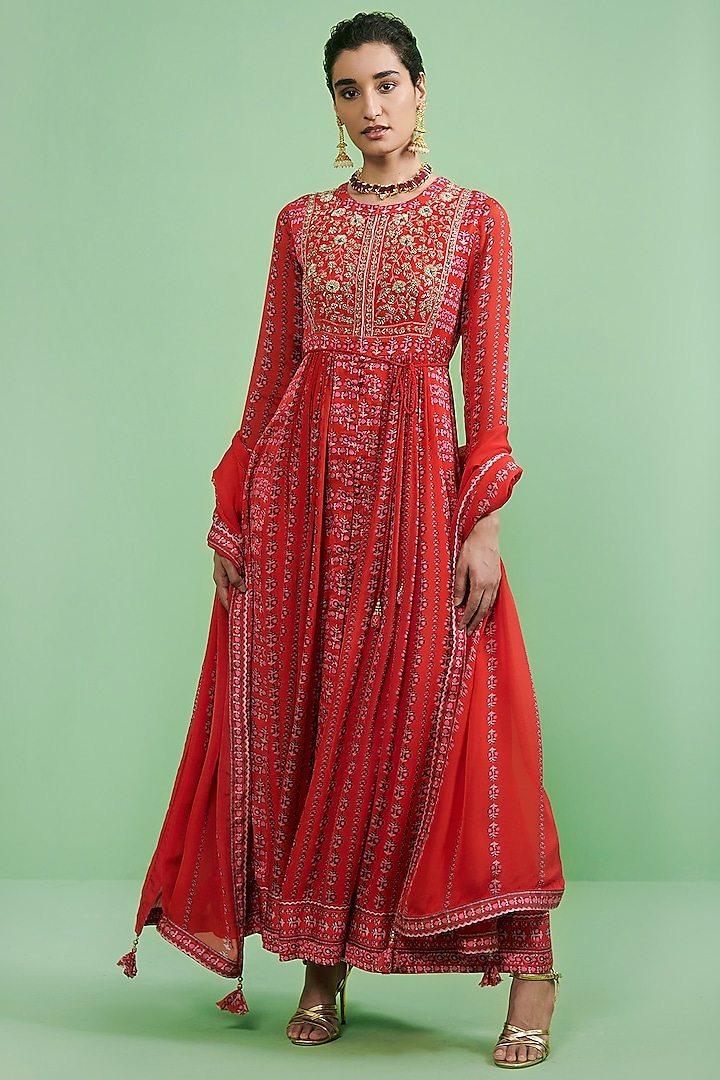 Cherry Red Embroidered Anarkali Set by Shyam Narayan Prasad