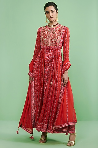 Cherry Red Embroidered Anarkali Set by Shyam Narayan Prasad