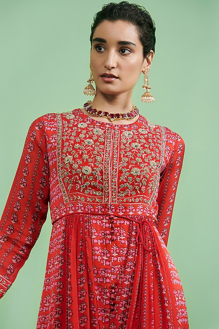 Cherry Red Embroidered Wedding Anarkali Set by Shyam Narayan Prasad at Pernia's Pop Up Shop
