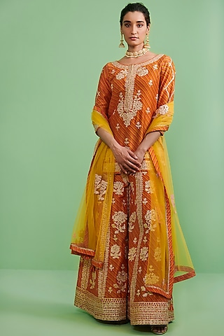 Orange Chanderi Embroidered Sharara Set by Shyam Narayan Prasad