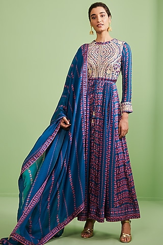 Teal Blue Cotton Satin Zardosi Embroidered Anarkali Set by Shyam Narayan Prasad