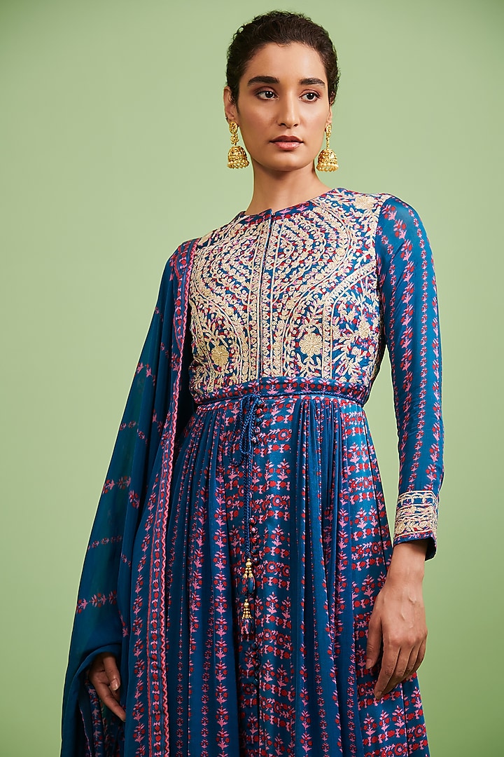 Teal Blue Cotton Satin Zardosi Embroidered Wedding Anarkali Set by Shyam Narayan Prasad at Pernia's Pop Up Shop