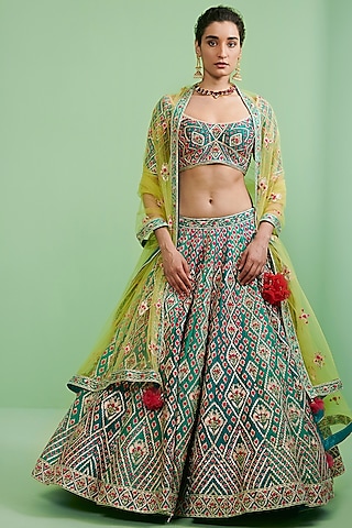 Teal Embroidered Lehenga Set by Shyam Narayan Prasad