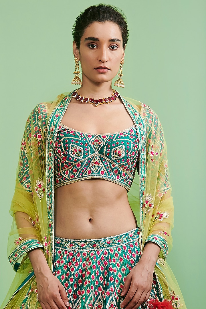 Teal Embroidered Wedding Lehenga Set by Shyam Narayan Prasad at Pernia's Pop Up Shop