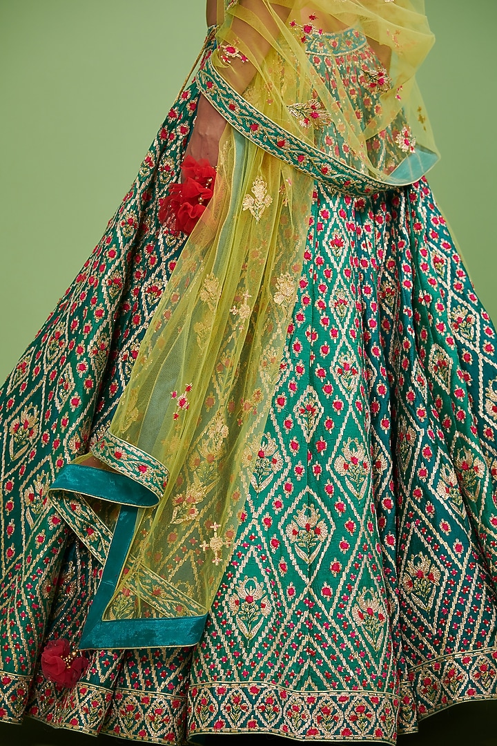 Teal Embroidered Wedding Lehenga Set by Shyam Narayan Prasad at Pernia's Pop Up Shop