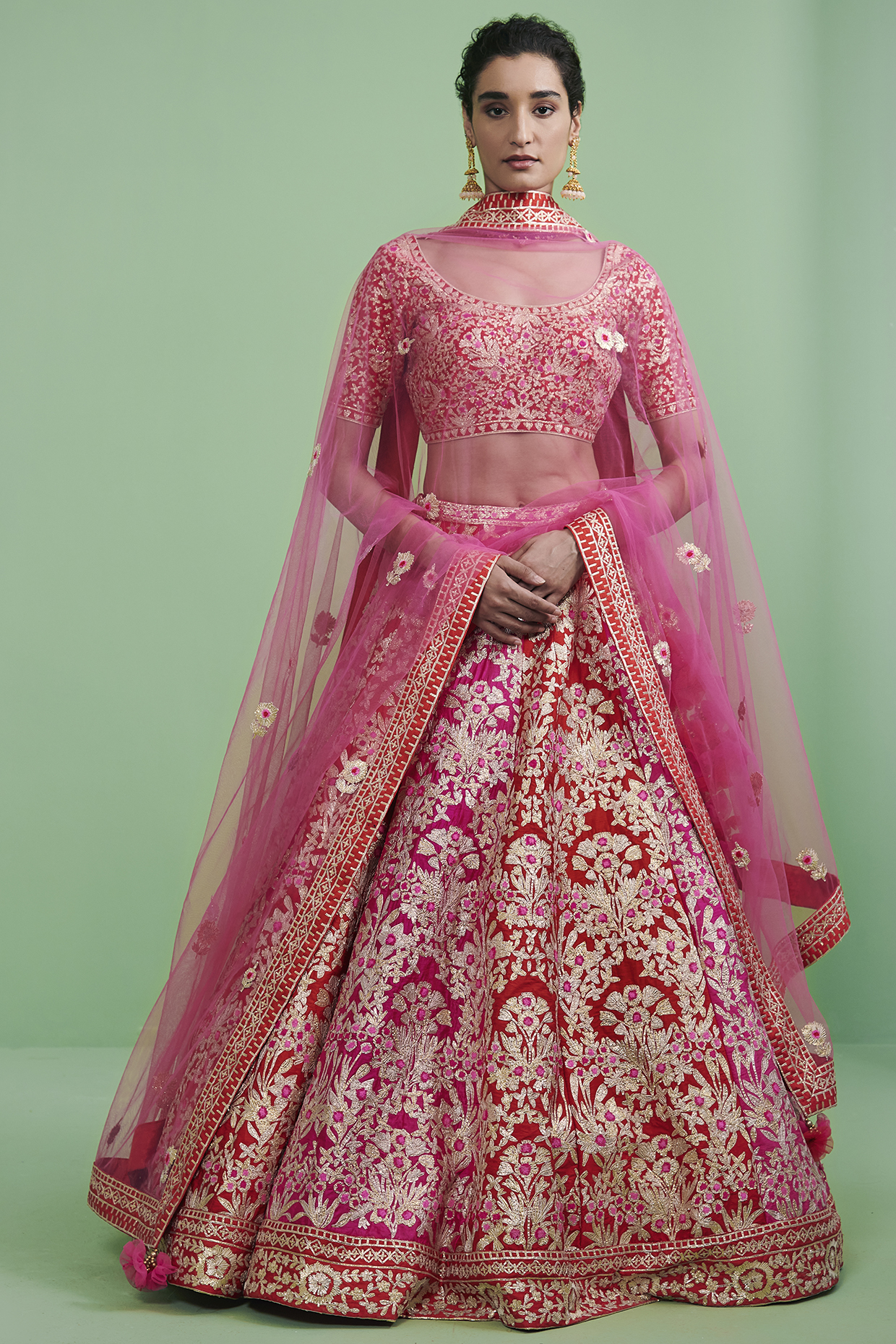 Fuchsia & Cherry Red Embroidered Wedding Lehenga Set by Shyam Narayan Prasad at Pernia's Pop Up Shop