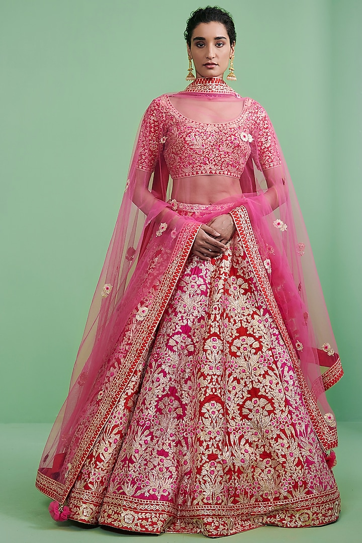 Fuchsia & Cherry Red Embroidered Wedding Lehenga Set by Shyam Narayan Prasad at Pernia's Pop Up Shop
