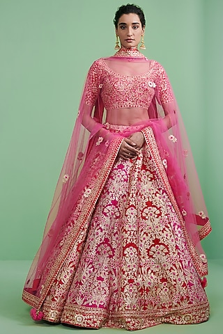 Fuchsia & Cherry Red Embroidered Lehenga Set by Shyam Narayan Prasad