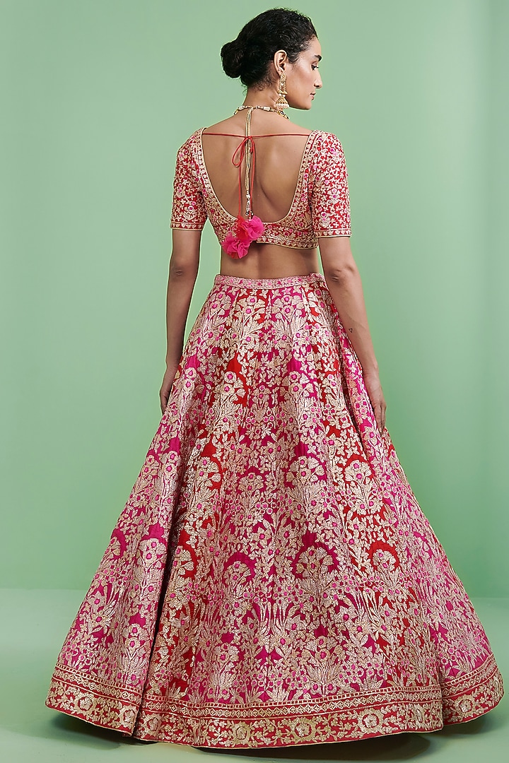 Fuchsia & Cherry Red Embroidered Wedding Lehenga Set by Shyam Narayan Prasad at Pernia's Pop Up Shop