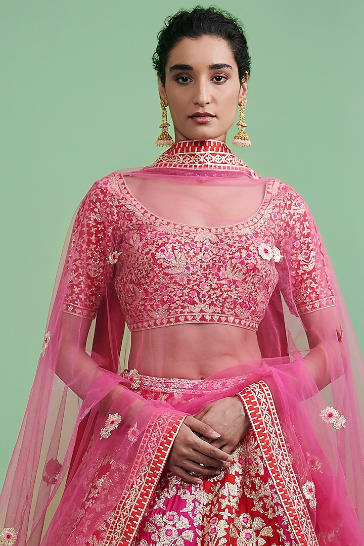 Fuchsia & Cherry Red Embroidered Wedding Lehenga Set by Shyam Narayan Prasad at Pernia's Pop Up Shop