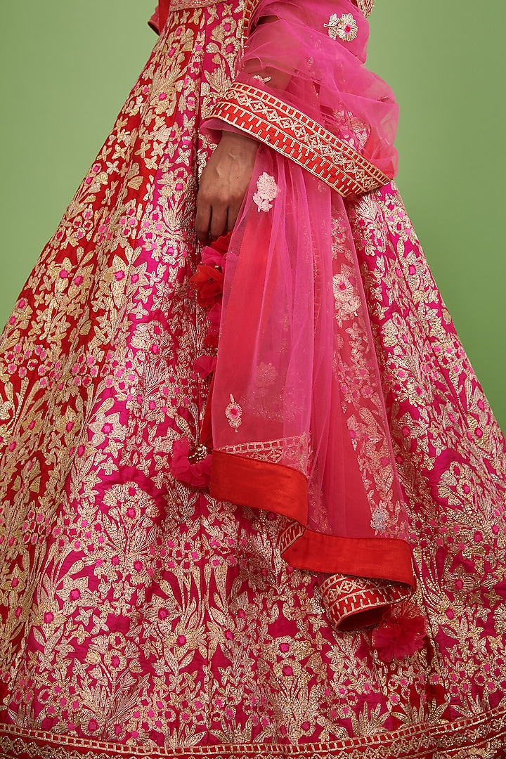 Fuchsia & Cherry Red Embroidered Wedding Lehenga Set by Shyam Narayan Prasad at Pernia's Pop Up Shop