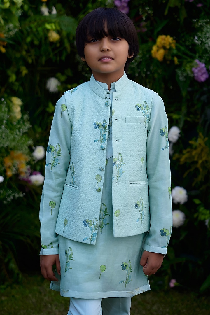 Aqua Blue Chanderi Hand Block Printed Waistcoat Set For Boys by Shyam Narayan Prasad Kidswear