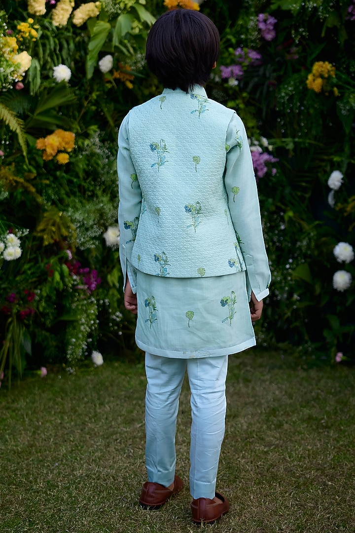 Aqua Blue Chanderi Hand Block Printed Waistcoat Set For Boys by Shyam Narayan Prasad Kidswear at Pernia's Pop Up Shop
