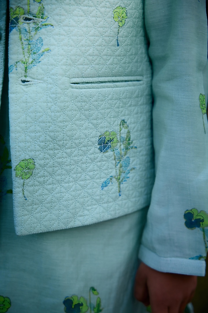Aqua Blue Chanderi Hand Block Printed Waistcoat Set For Boys by Shyam Narayan Prasad Kidswear at Pernia's Pop Up Shop