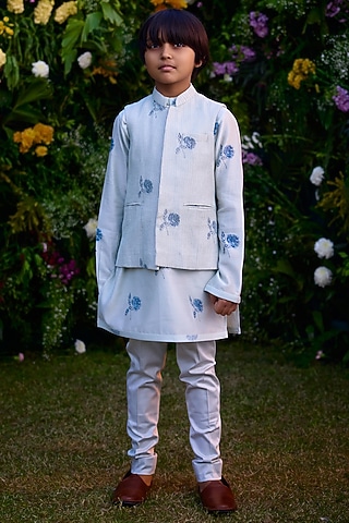 Illusion Blue Chanderi Hand Block Printed Waistcoat Set For Boys by Shyam Narayan Prasad Kidswear