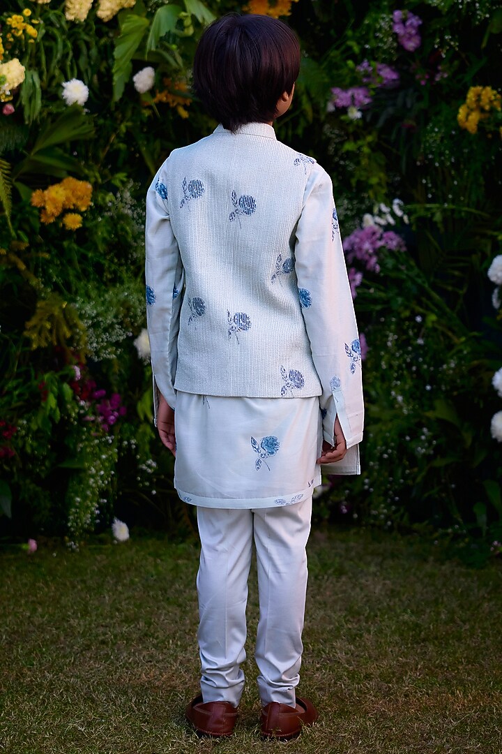 Illusion Blue Chanderi Hand Block Printed Waistcoat Set For Boys by Shyam Narayan Prasad Kidswear at Pernia's Pop Up Shop