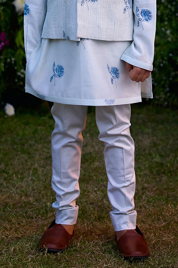 Illusion Blue Chanderi Hand Block Printed Waistcoat Set For Boys by Shyam Narayan Prasad Kidswear at Pernia's Pop Up Shop