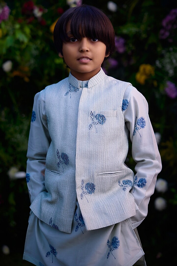 Illusion Blue Chanderi Hand Block Printed Waistcoat Set For Boys by Shyam Narayan Prasad Kidswear at Pernia's Pop Up Shop