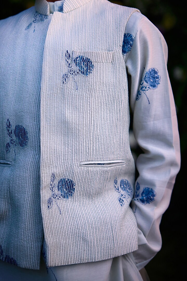 Illusion Blue Chanderi Hand Block Printed Waistcoat Set For Boys by Shyam Narayan Prasad Kidswear at Pernia's Pop Up Shop