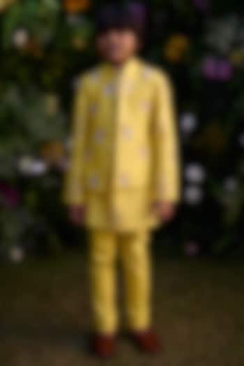 Dandelion Yellow Chanderi Hand Block Printed Waistcoat Set For Boys by Shyam Narayan Prasad Kidswear