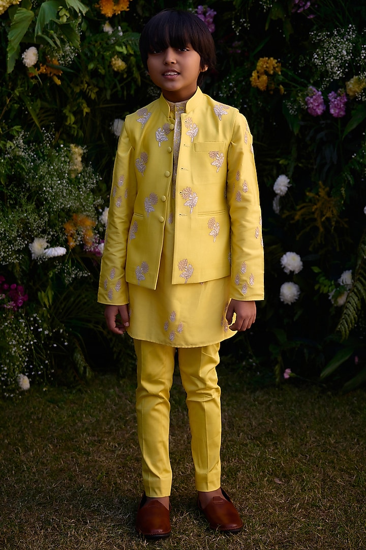 Dandelion Yellow Chanderi Hand Block Printed Waistcoat Set For Boys by Shyam Narayan Prasad Kidswear