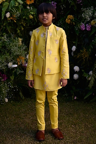 Dandelion Yellow Chanderi Hand Block Printed Waistcoat Set For Boys by Shyam Narayan Prasad Kidswear