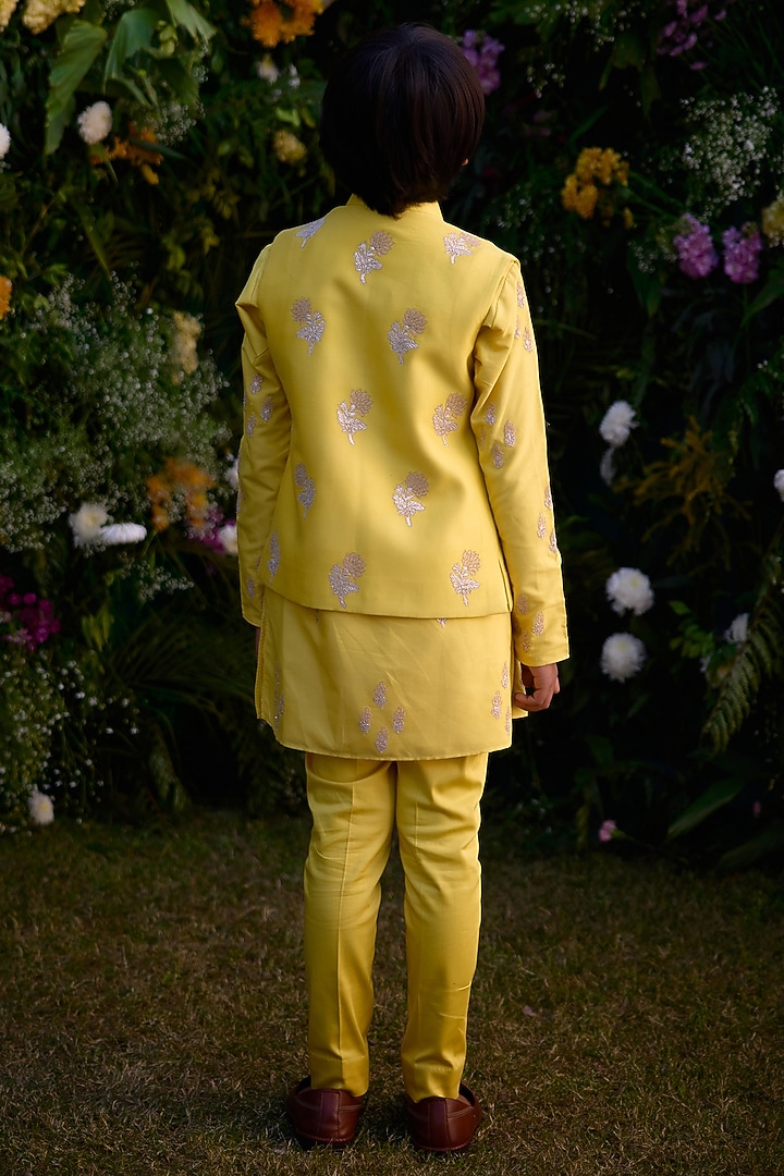 Dandelion Yellow Chanderi Hand Block Printed Waistcoat Set For Boys by Shyam Narayan Prasad Kidswear at Pernia's Pop Up Shop