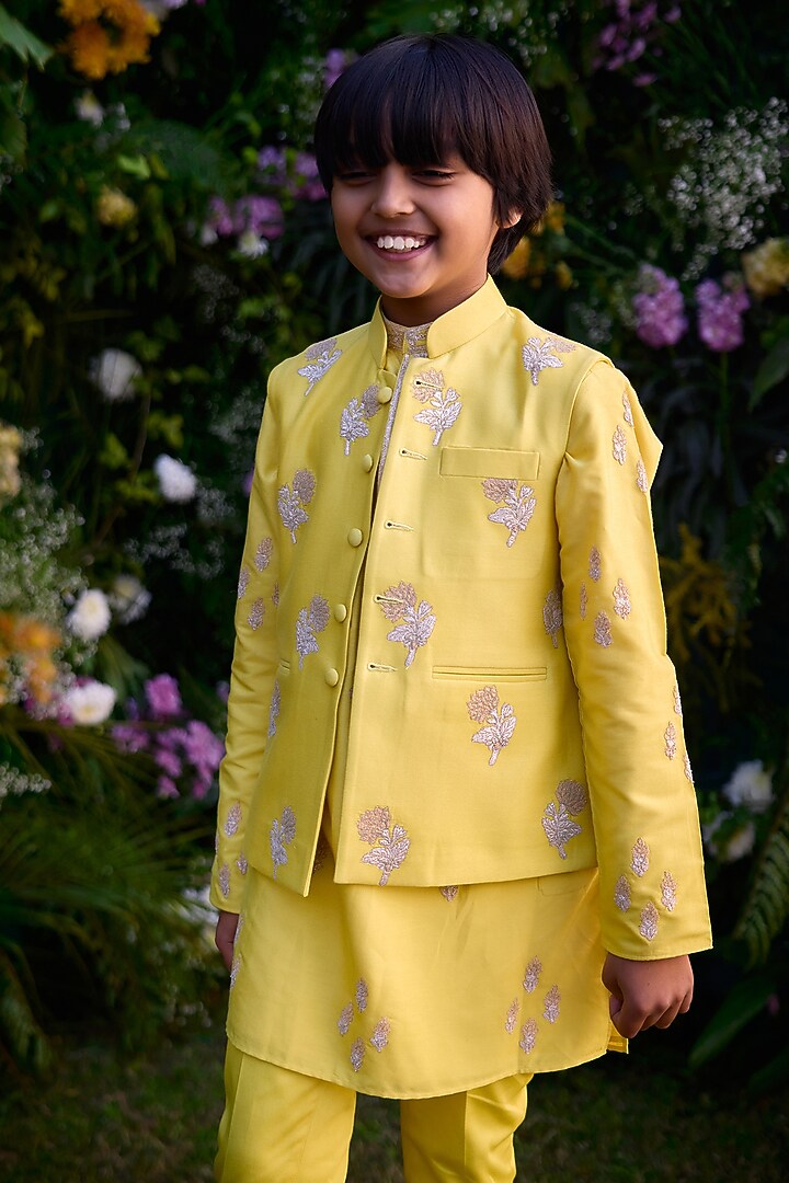Dandelion Yellow Chanderi Hand Block Printed Waistcoat Set For Boys by Shyam Narayan Prasad Kidswear at Pernia's Pop Up Shop